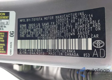 2015 Toyota Corolla L z USA, uszkodzony, nr VIN 2T1BURHE4FC275273